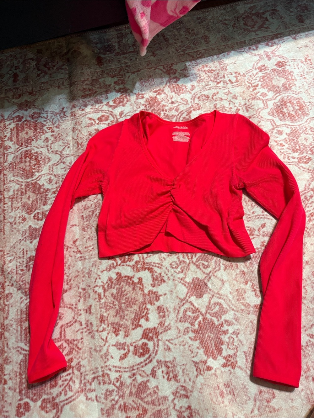 wild fable Bright Red/pink V Neck Ruched Long Sleeve Crop Top